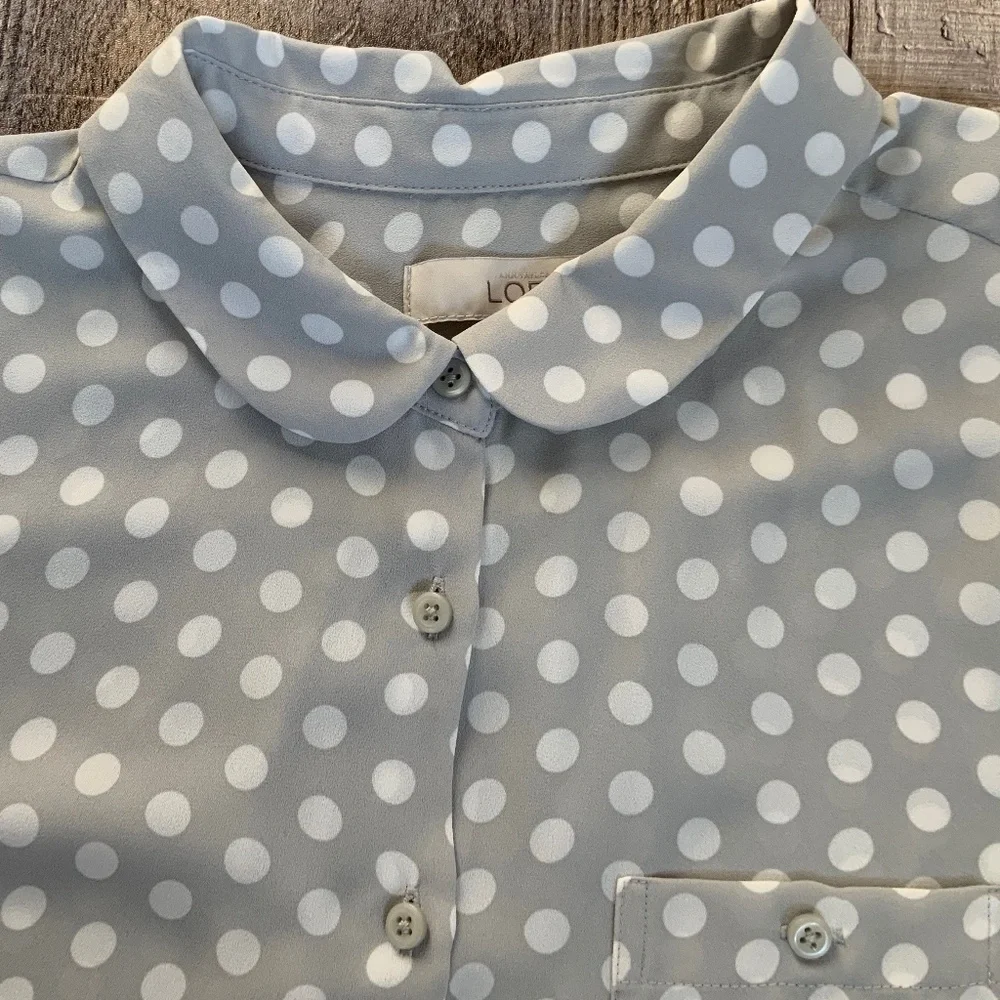 LOFT Grey White Polka Dot Silky Button Front Long Sleeve  Blouse SZ S